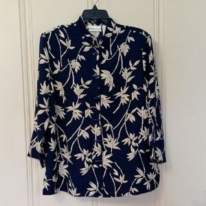 Drapers&Damon's Dark Navy and Cream Bamboo Print Oriental Style Top WL  EUC